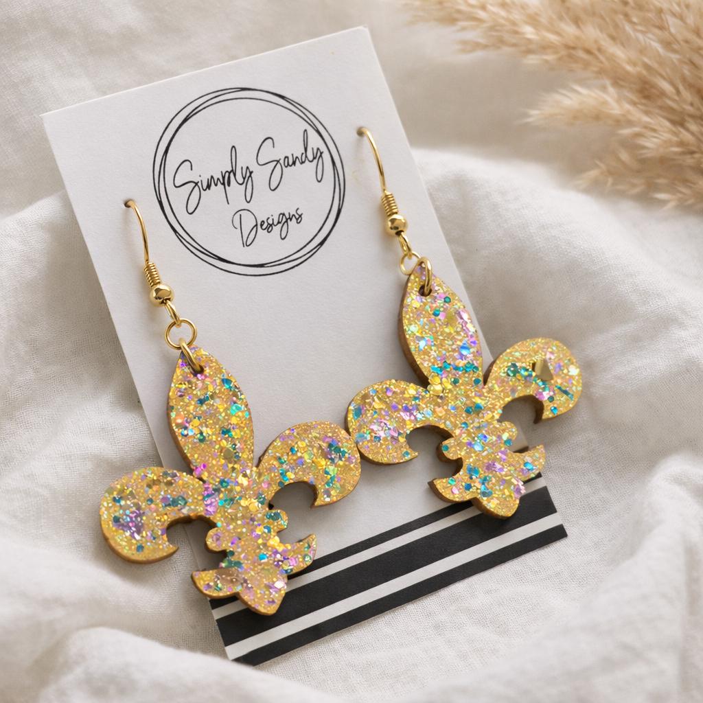 Glittery Mardi Gras Earrings: Purple green and gold fleur de lis jewelry
