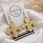 Glittery Mardi Gras Earrings: Purple green and gold fleur de lis jewelry