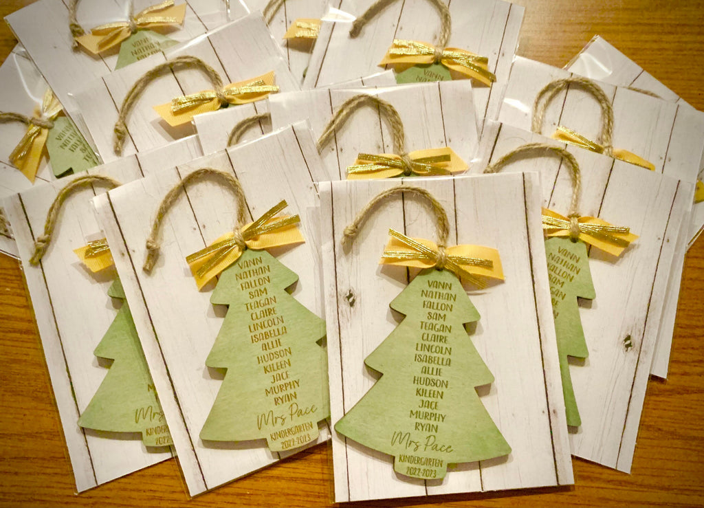 Personalized Class List Tree shaped Ornament, Engraved Wood Teacher Gift