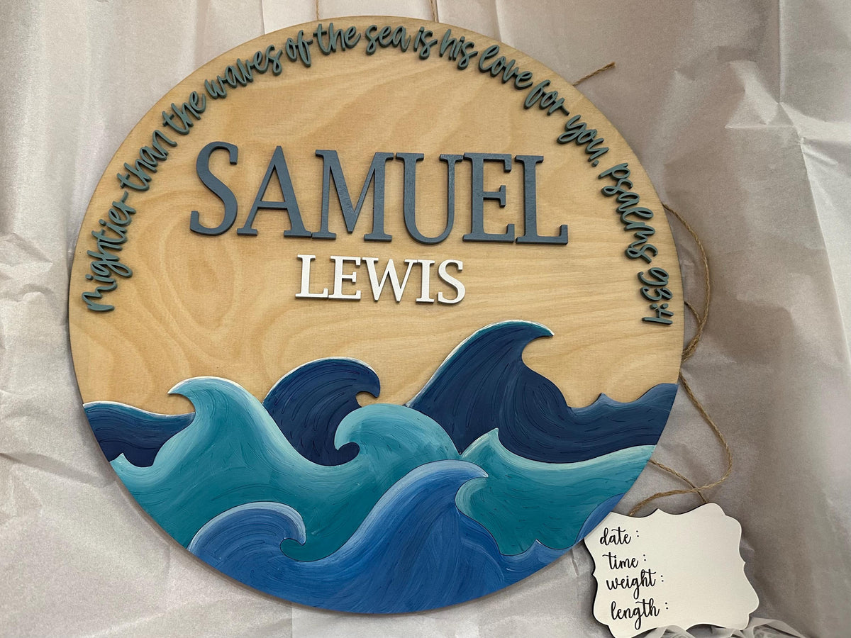 Personalized Name Sign with Ocean Waves | Psalm 93:4 Scripture Wall Art | Coastal Nursery Decor | Custom Baby Gift