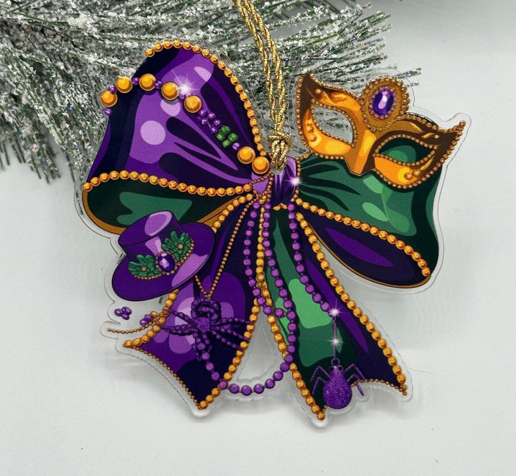 Mardi Gras Bow & Mask Ornament – Purple, Green, Gold Celebration Decor