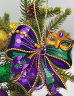Mardi Gras Bow & Mask Ornament – Purple, Green, Gold Celebration Decor