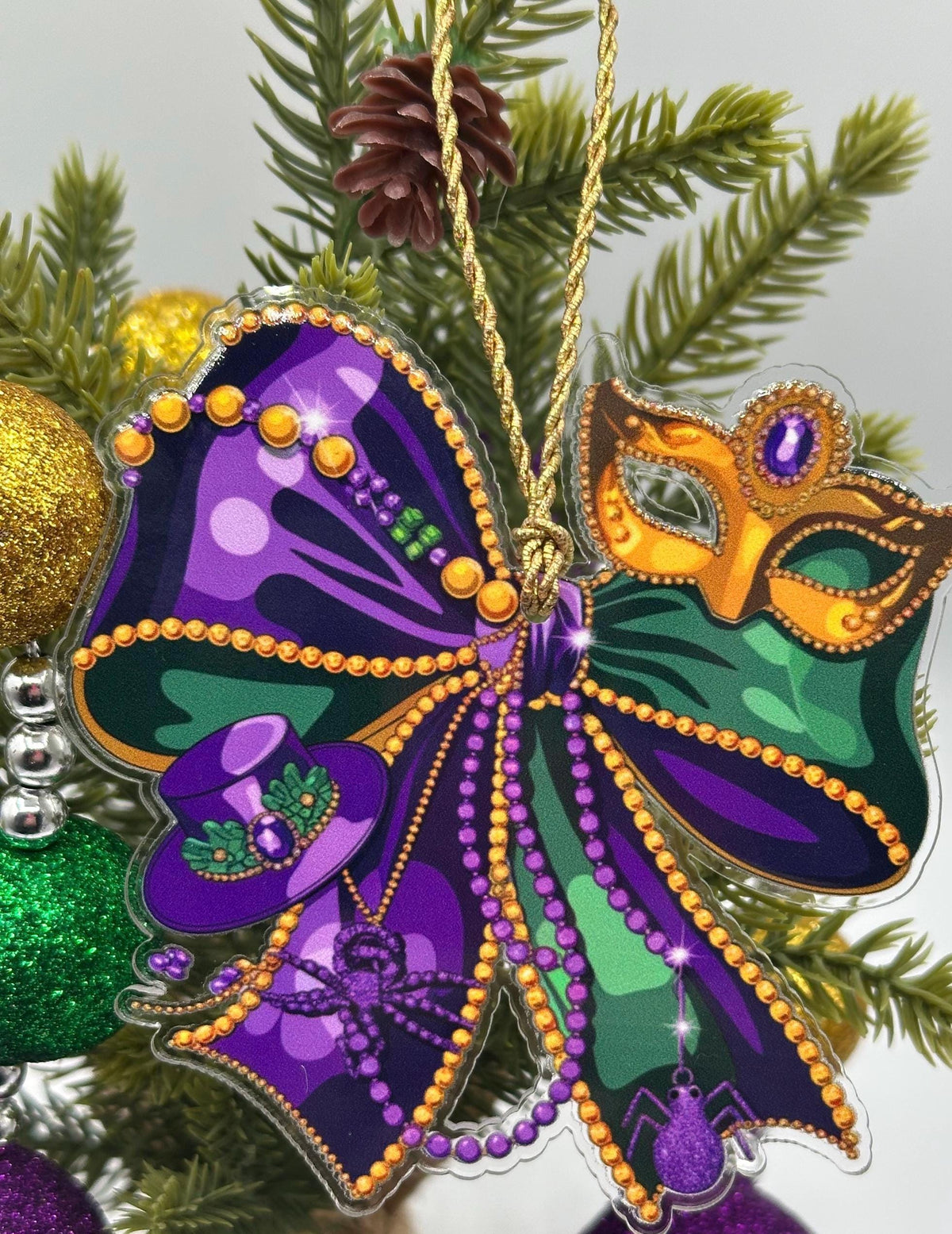 Mardi Gras Bow & Mask Ornament – Purple, Green, Gold Celebration Decor