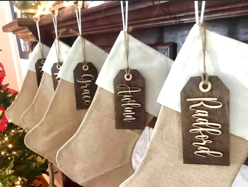 Personalized Wood Stocking Tags | Laser Cut Name, Farmhouse Style