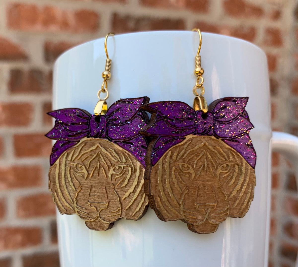 Purple and Gold Girl Tiger Earrings | Customizable Sports Fan Wood Dangles