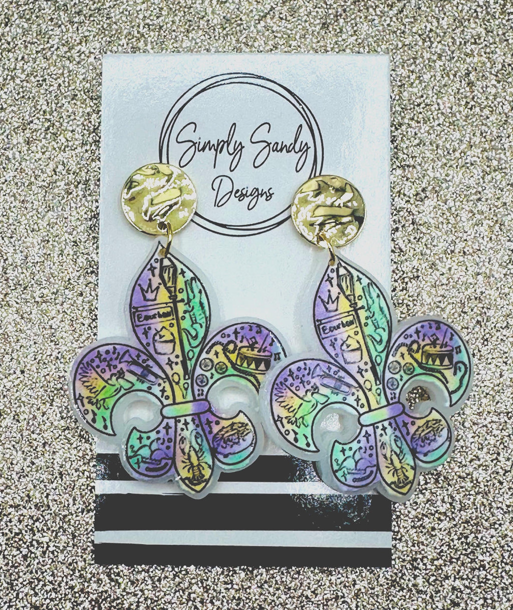 Fleur de Lis Mardi Gras Earrings: New Orleans Carnival Acrylic Jewelry