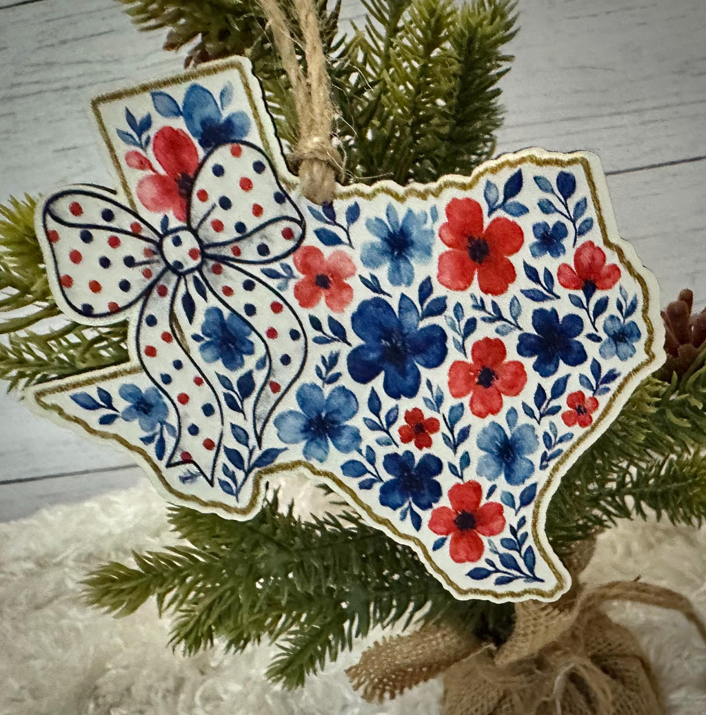 Floral Texas Ornament: Laser Cut Wood, Red White and Blue Patriotic Decor