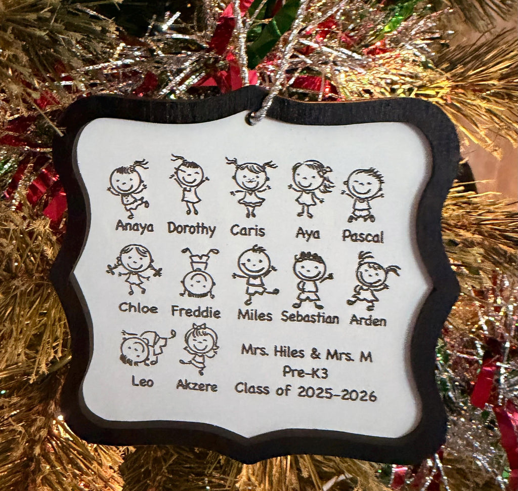 Personalized Class List Ornament, Engraved Wood Teacher Gift