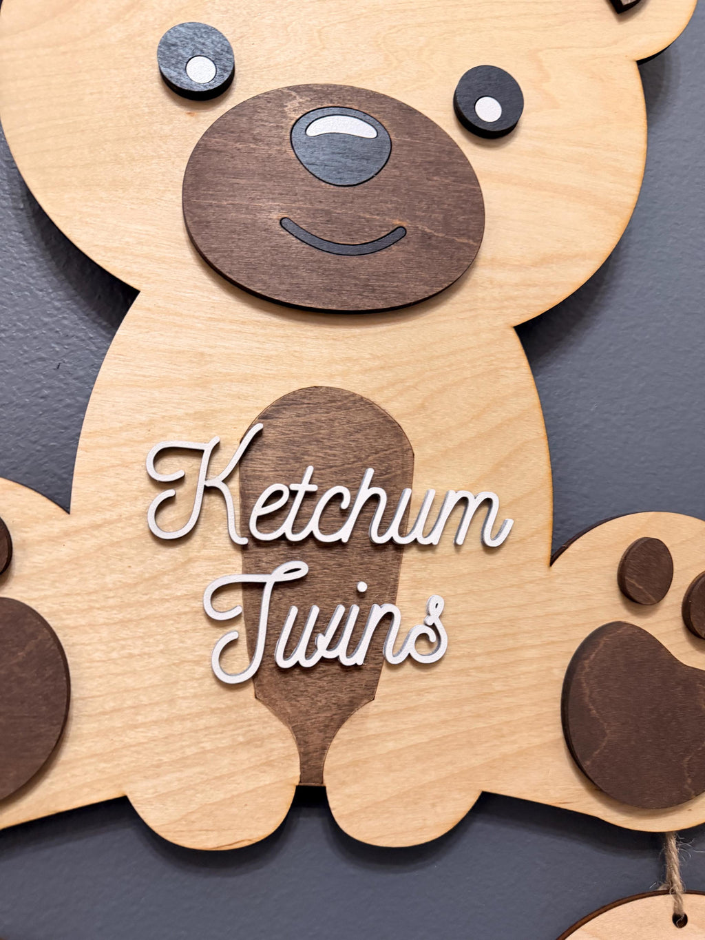 Personalized Twin Teddy Bear Hospital Door Hanger | Custom Wooden Nursery Name Sign