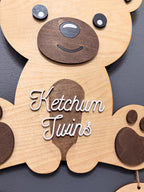 Personalized Twin Teddy Bear Hospital Door Hanger | Custom Wooden Nursery Name Sign