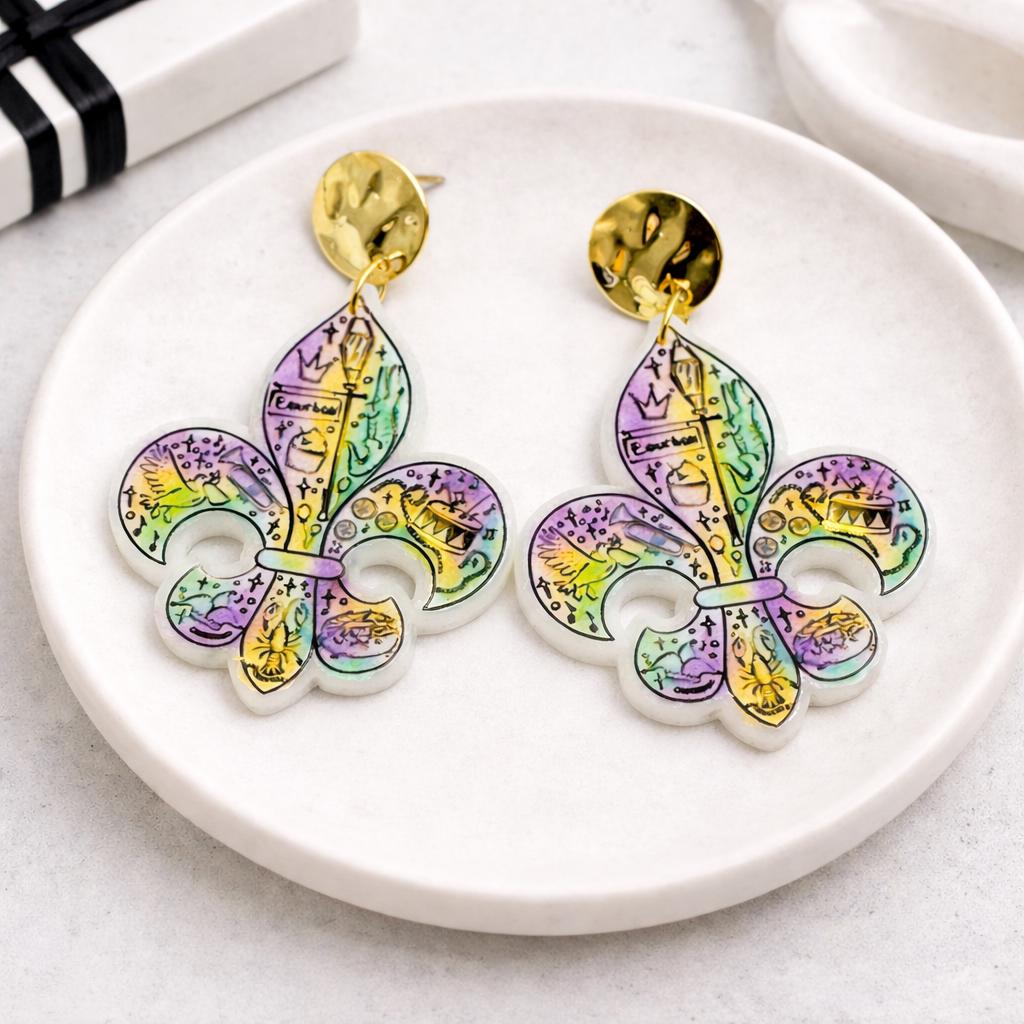 Fleur de Lis Mardi Gras Earrings: New Orleans Carnival Acrylic Jewelry
