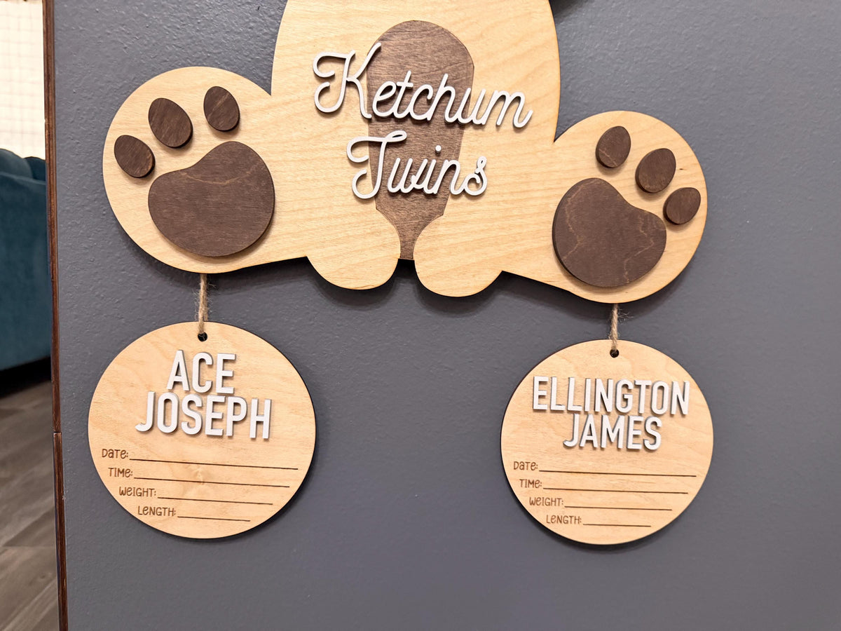 Personalized Twin Teddy Bear Hospital Door Hanger | Custom Wooden Nursery Name Sign