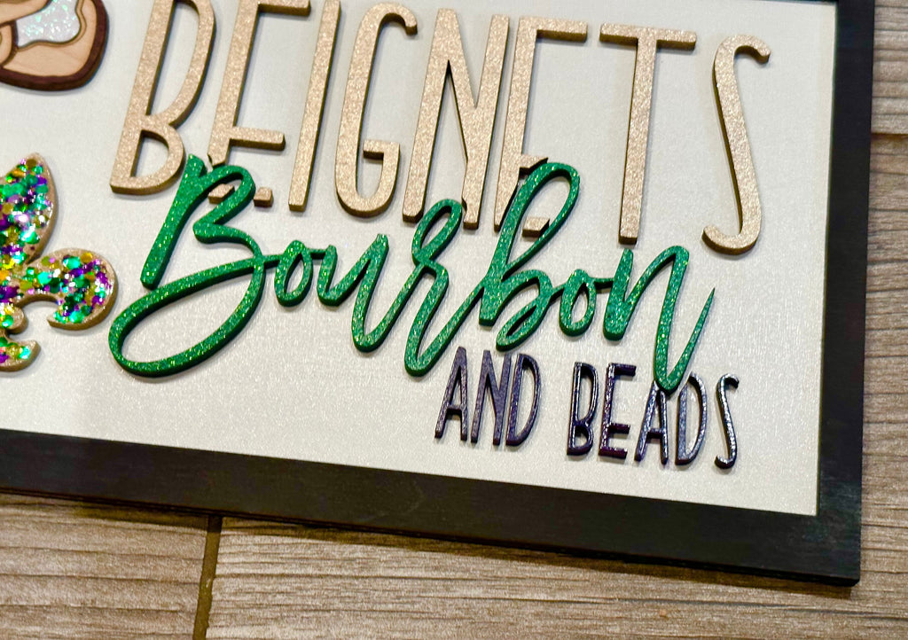 Mardi Gras Sign | 3D Wood Beignets, Bourbon, Beads Decor