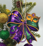 Mardi Gras Bow & Mask Ornament – Purple, Green, Gold Celebration Decor