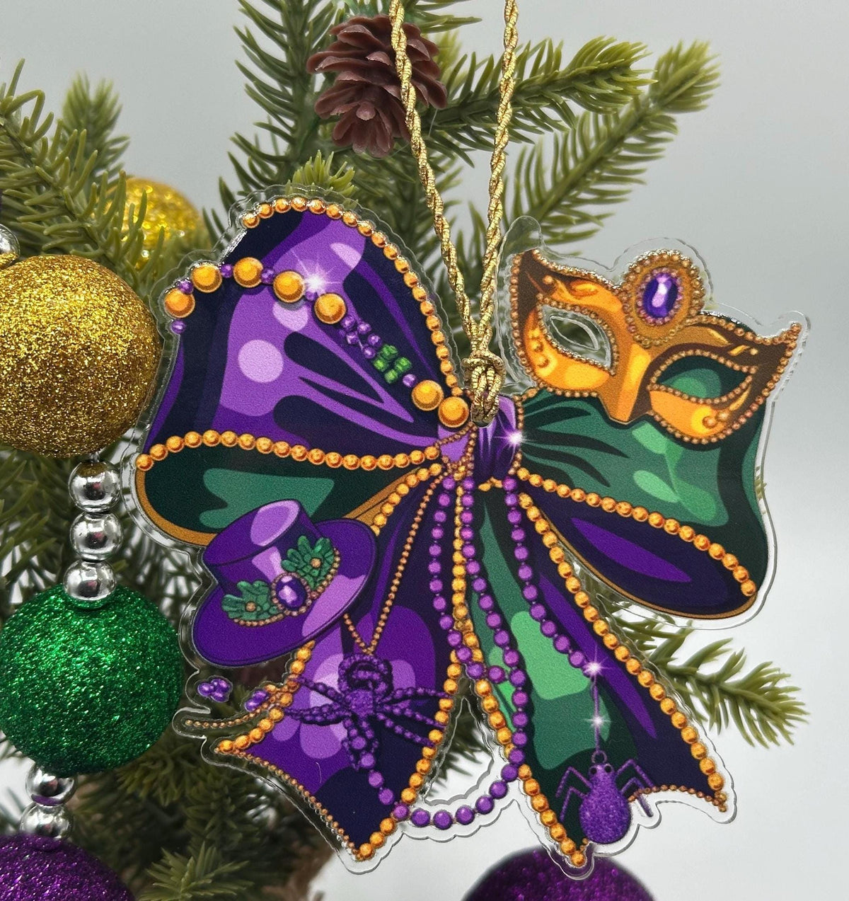Mardi Gras Bow & Mask Ornament – Purple, Green, Gold Celebration Decor