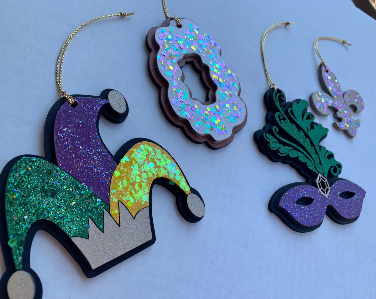 Hand Glittered Mardi Gras Ornaments | King Cake, Mask, Fleur de Lis