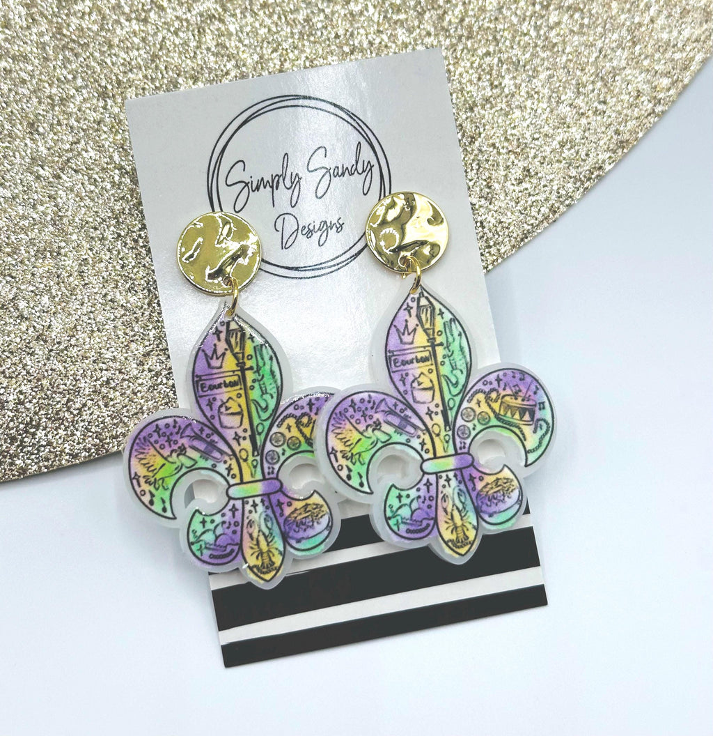 Fleur de Lis Mardi Gras Earrings: New Orleans Carnival Acrylic Jewelry