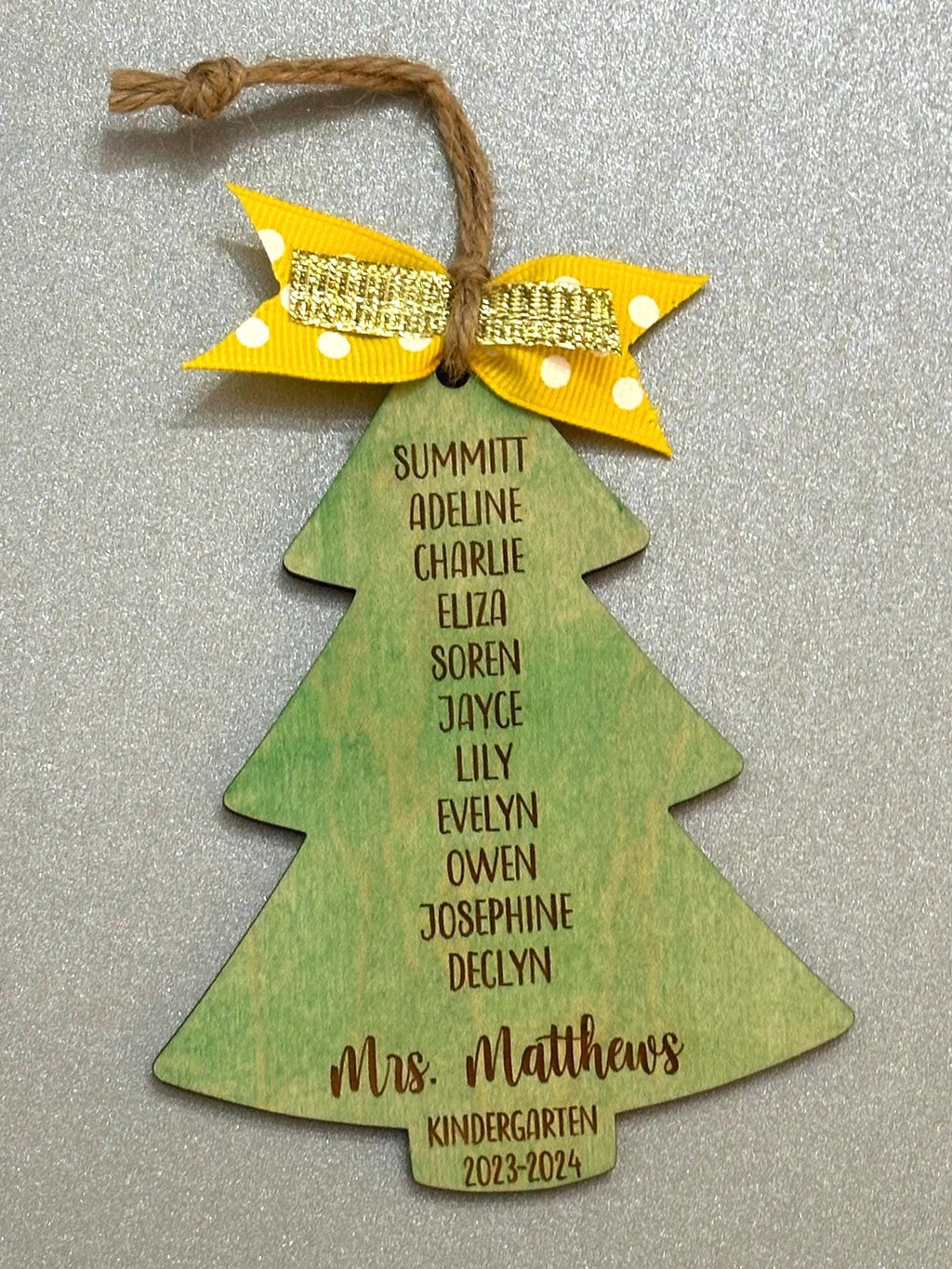 Personalized Class List Tree shaped Ornament, Engraved Wood Teacher Gift