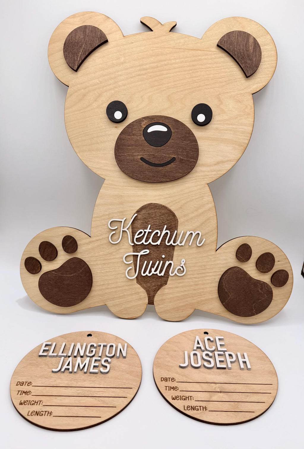 Personalized Twin Teddy Bear Hospital Door Hanger | Custom Wooden Nursery Name Sign