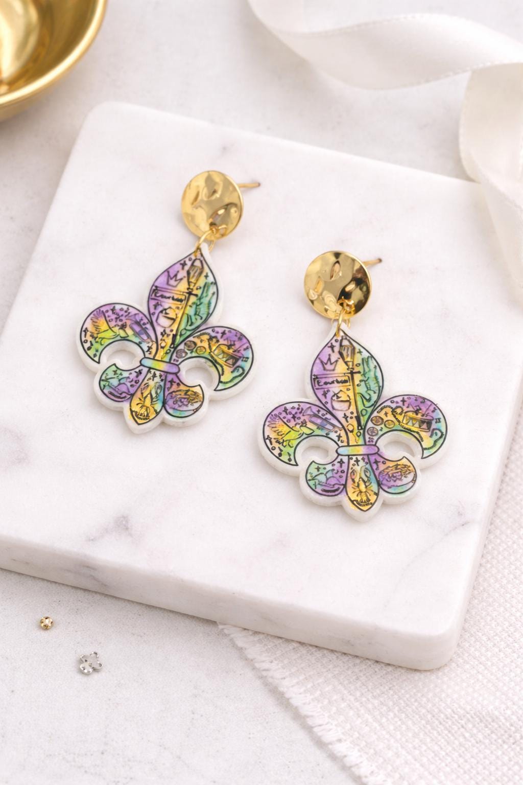 Fleur de Lis Mardi Gras Earrings: New Orleans Carnival Acrylic Jewelry
