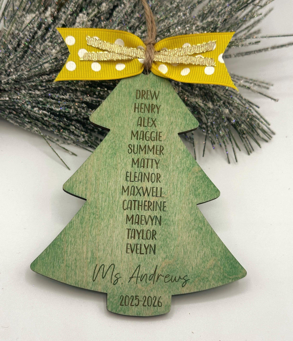 Personalized Class List Tree shaped Ornament, Engraved Wood Teacher Gift
