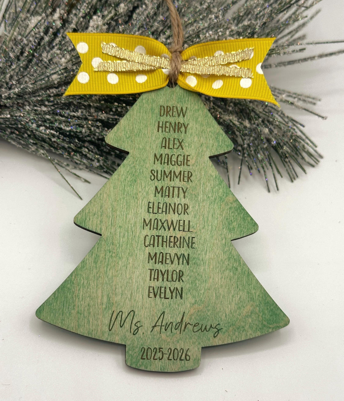 Personalized Class List Tree shaped Ornament, Engraved Wood Teacher Gift