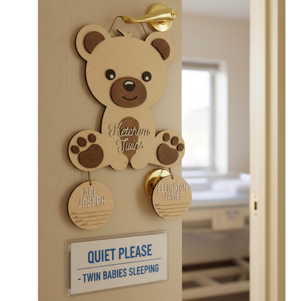 Personalized Twin Teddy Bear Hospital Door Hanger | Custom Wooden Nursery Name Sign