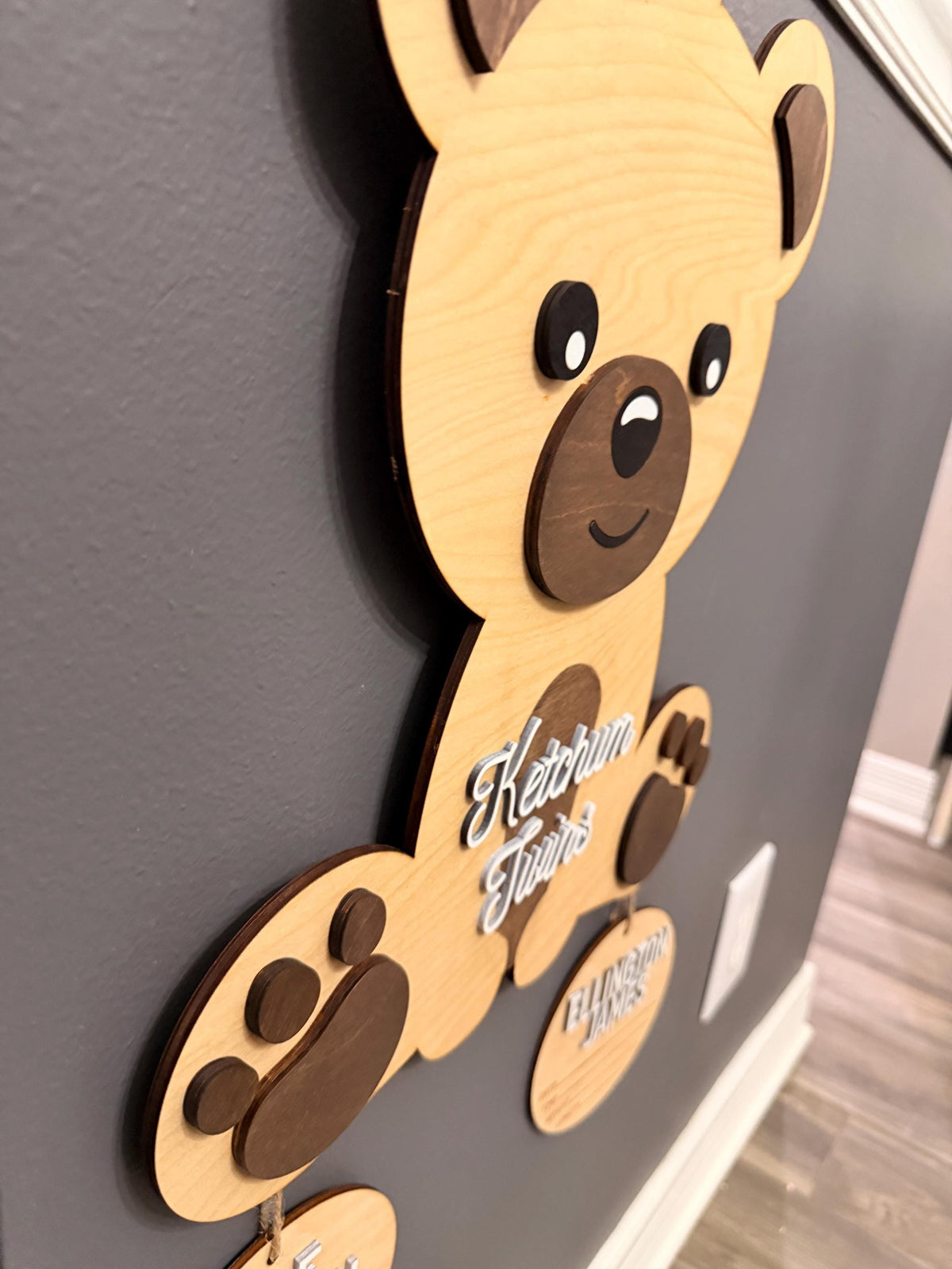 Personalized Twin Teddy Bear Hospital Door Hanger | Custom Wooden Nursery Name Sign