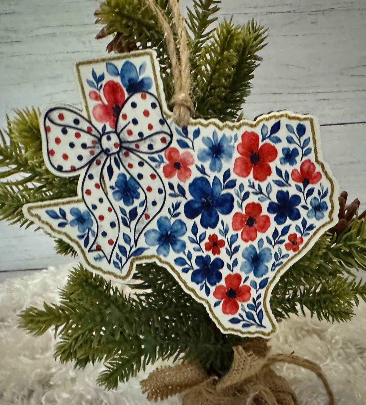 Floral Texas Ornament: Laser Cut Wood, Red White and Blue Patriotic Decor