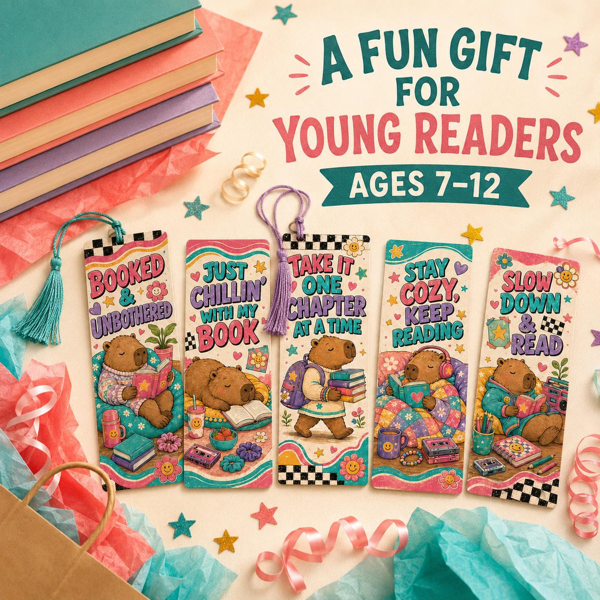Retro Capybara Bookmark Set for Kids Ages 7–12