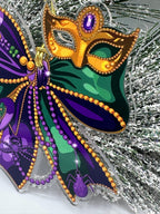 Mardi Gras Bow & Mask Ornament – Purple, Green, Gold Celebration Decor