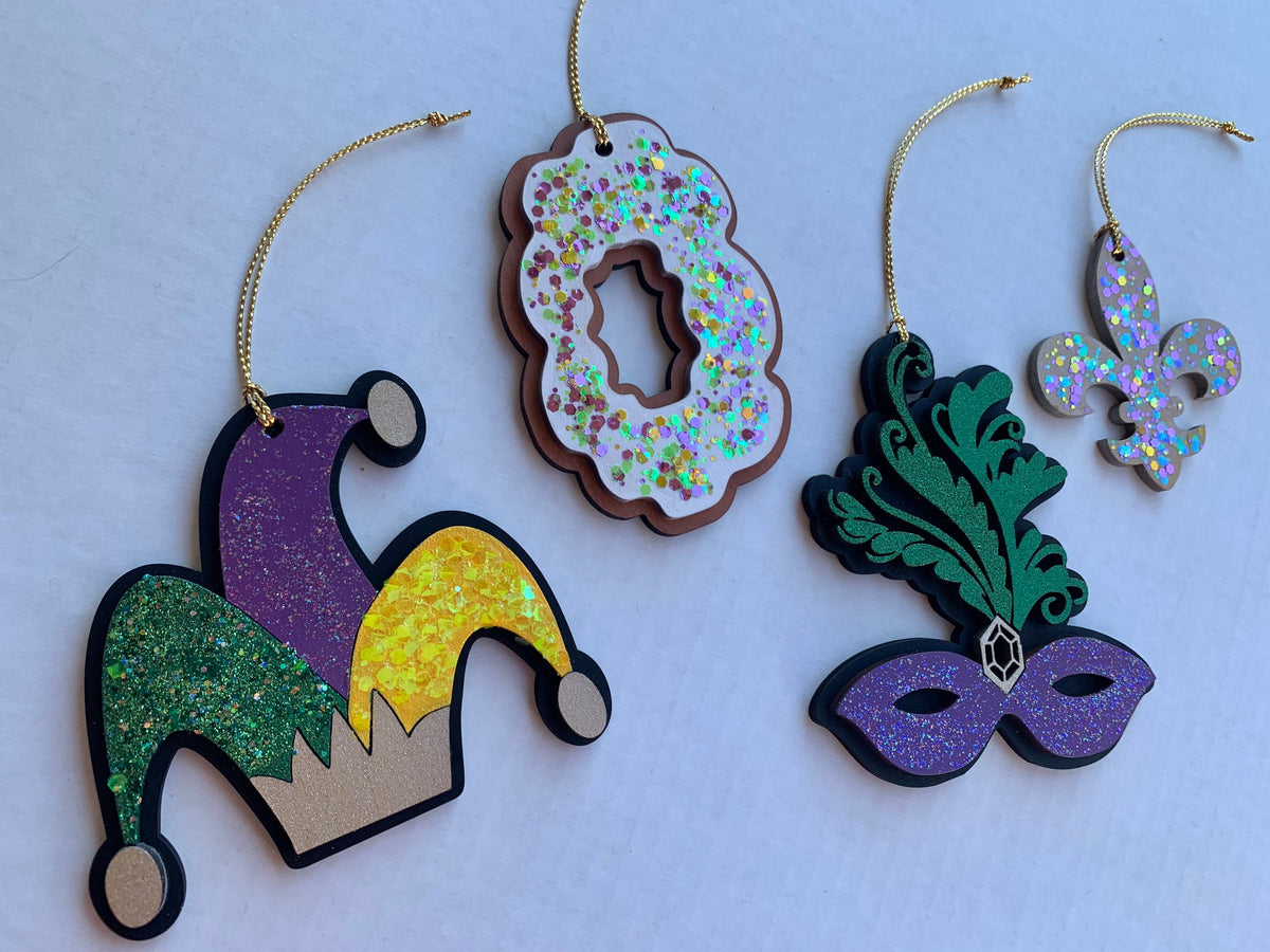 Hand Glittered Mardi Gras Ornaments | King Cake, Mask, Fleur de Lis