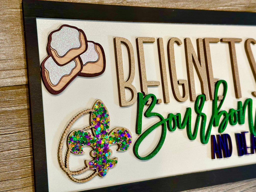 Mardi Gras Sign | 3D Wood Beignets, Bourbon, Beads Decor