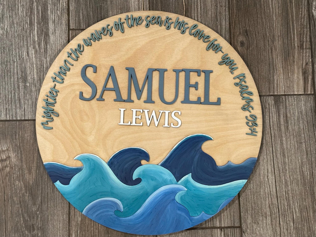 Personalized Name Sign with Ocean Waves | Psalm 93:4 Scripture Wall Art | Coastal Nursery Decor | Custom Baby Gift