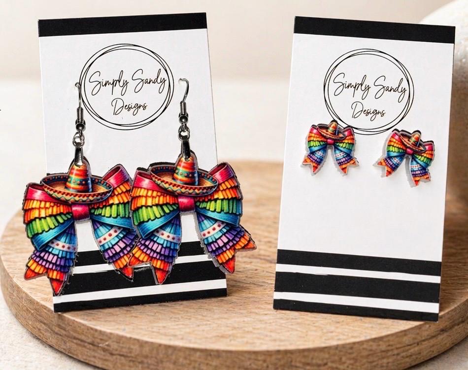 Mexican Serape Bow Earrings | Cinco de Mayo Earrings | Themed statement Earrings | Fiesta Jewelry | Handmade Gift for Her