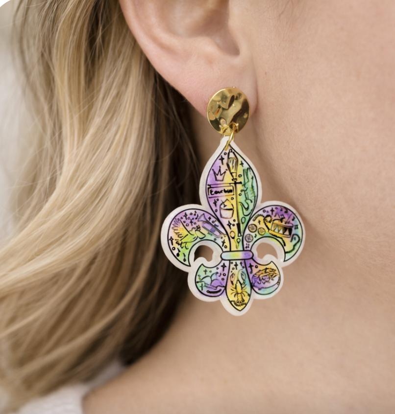 Fleur de Lis Mardi Gras Earrings: New Orleans Carnival Acrylic Jewelry