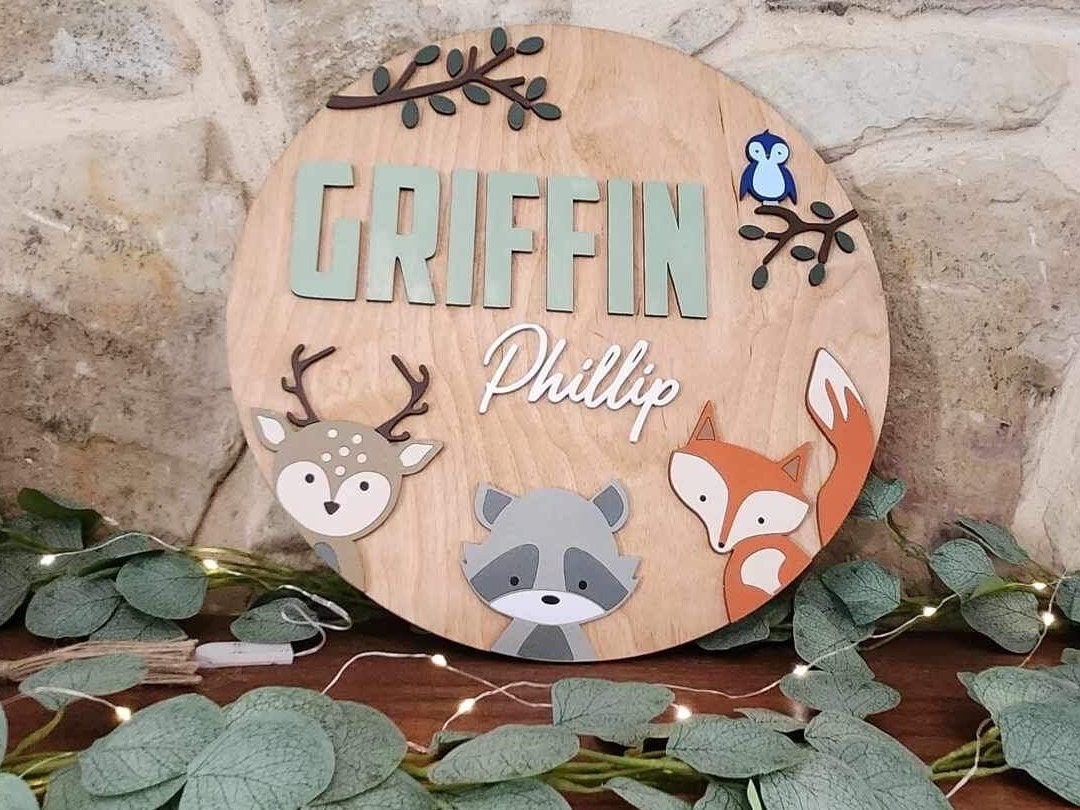 Custom Forest Friends / Woodland Animals Name Sign: Hand-Painted Nursery Decor