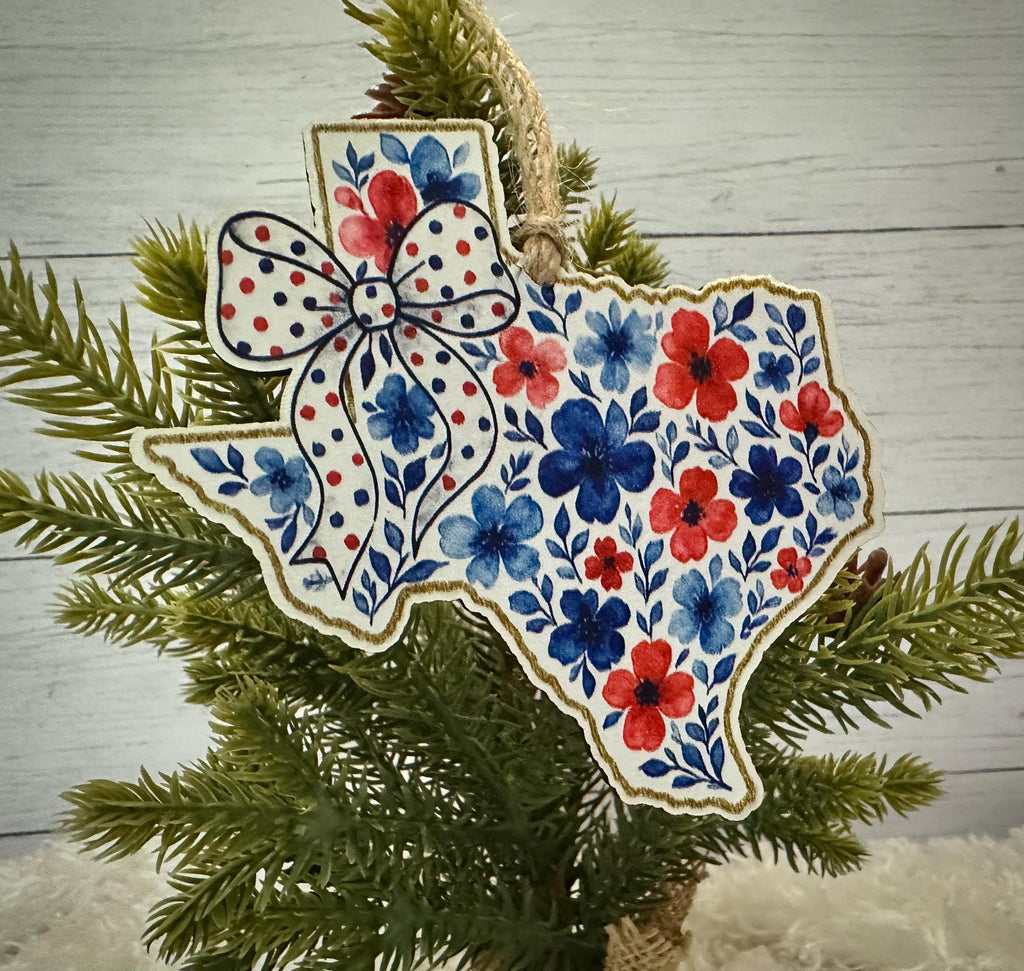 Floral Texas Ornament: Laser Cut Wood, Red White and Blue Patriotic Decor