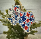 Floral Texas Ornament: Laser Cut Wood, Red White and Blue Patriotic Decor