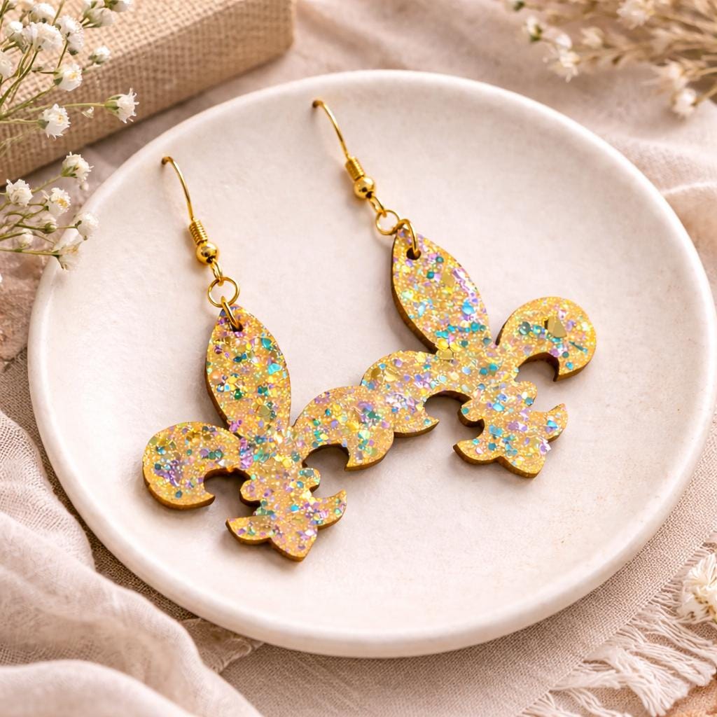 Glittery Mardi Gras Earrings: Purple green and gold fleur de lis jewelry