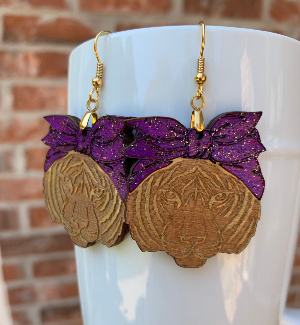 Purple and Gold Girl Tiger Earrings | Customizable Sports Fan Wood Dangles