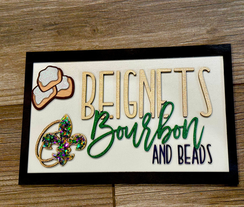 Mardi Gras Sign | 3D Wood Beignets, Bourbon, Beads Decor
