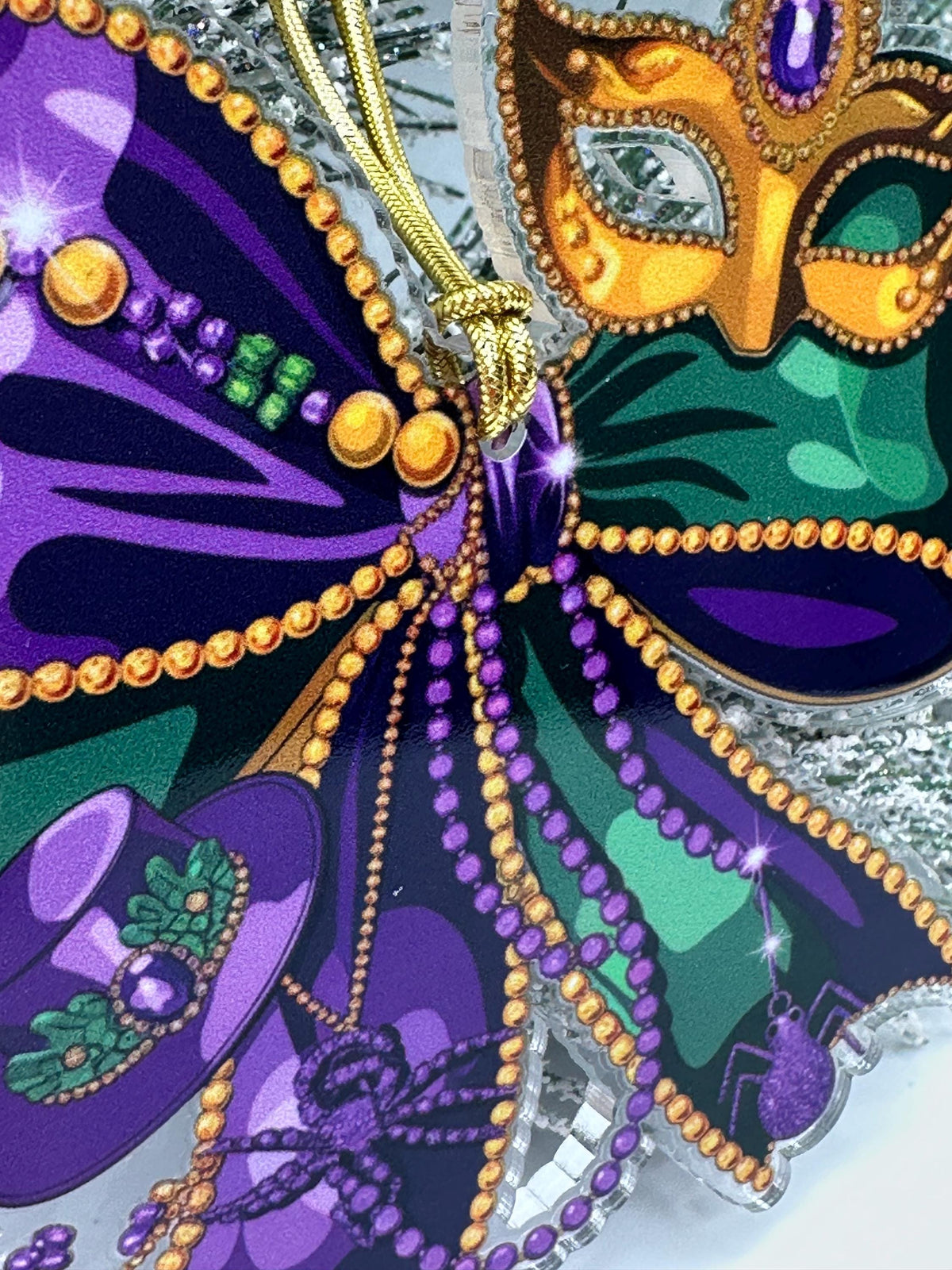 Mardi Gras Bow & Mask Ornament – Purple, Green, Gold Celebration Decor