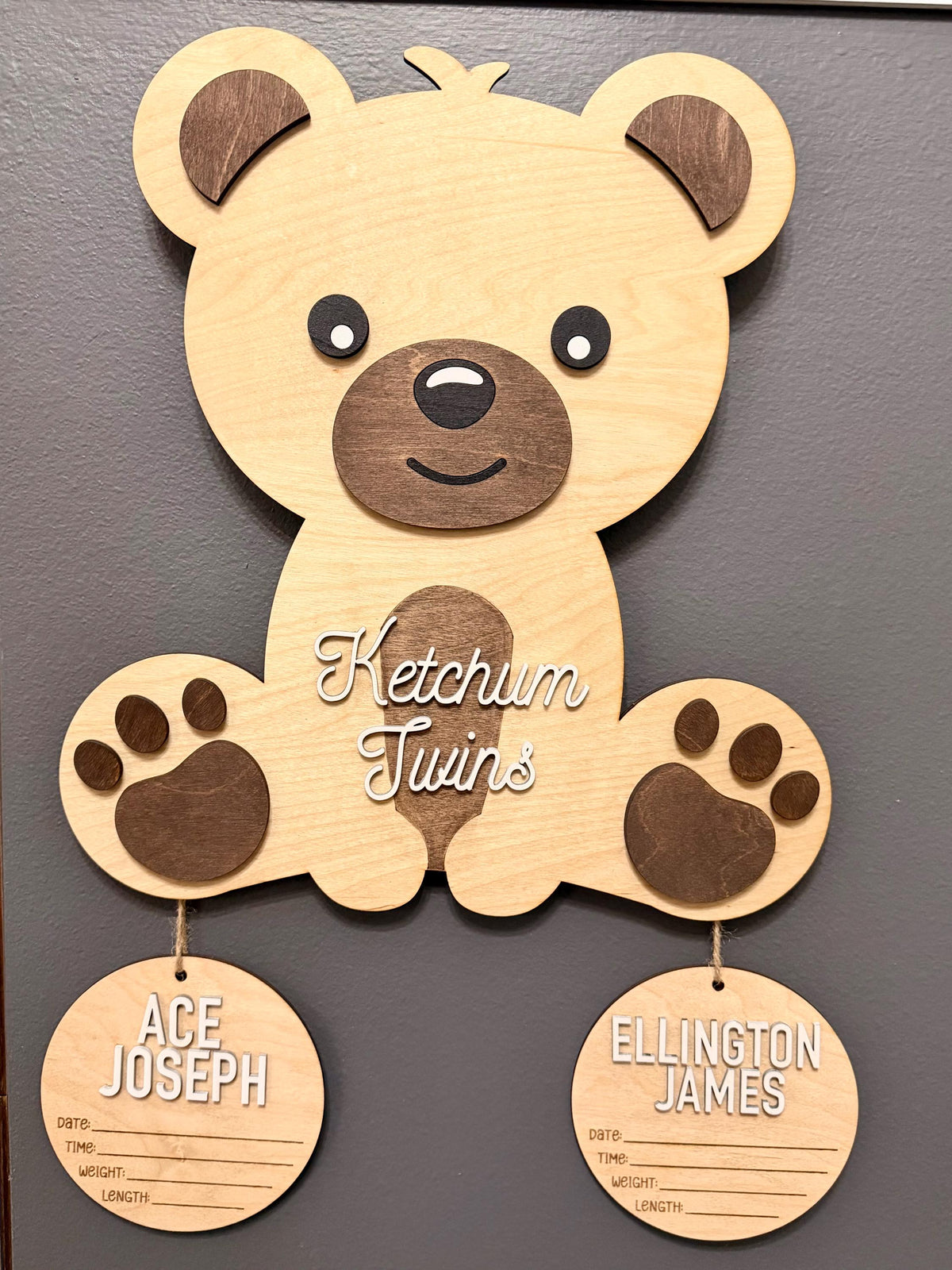 Personalized Twin Teddy Bear Hospital Door Hanger | Custom Wooden Nursery Name Sign