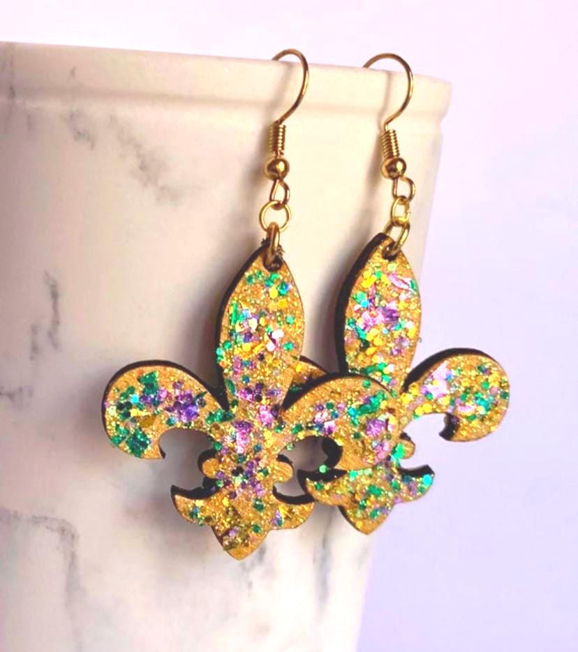 Glittery Mardi Gras Earrings: Purple green and gold fleur de lis jewelry