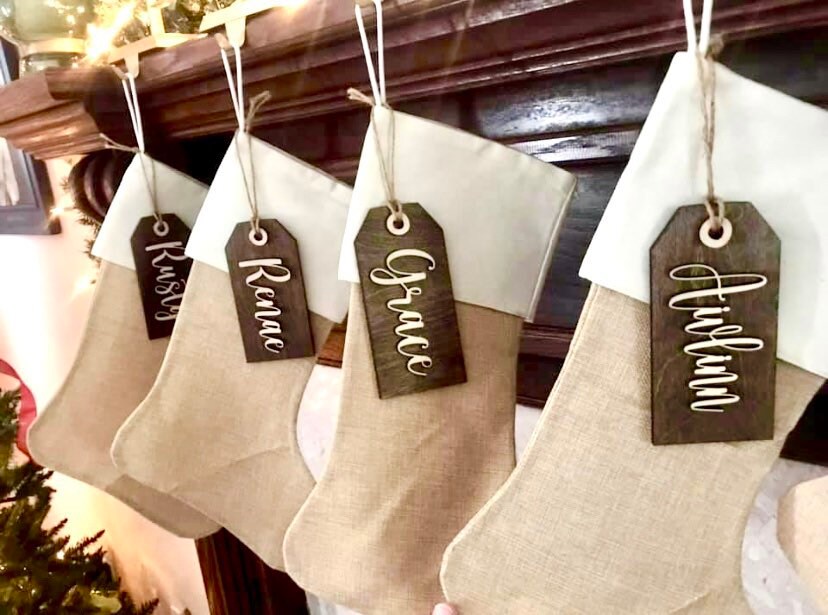 Personalized Wood Stocking Tags | Laser Cut Name, Farmhouse Style